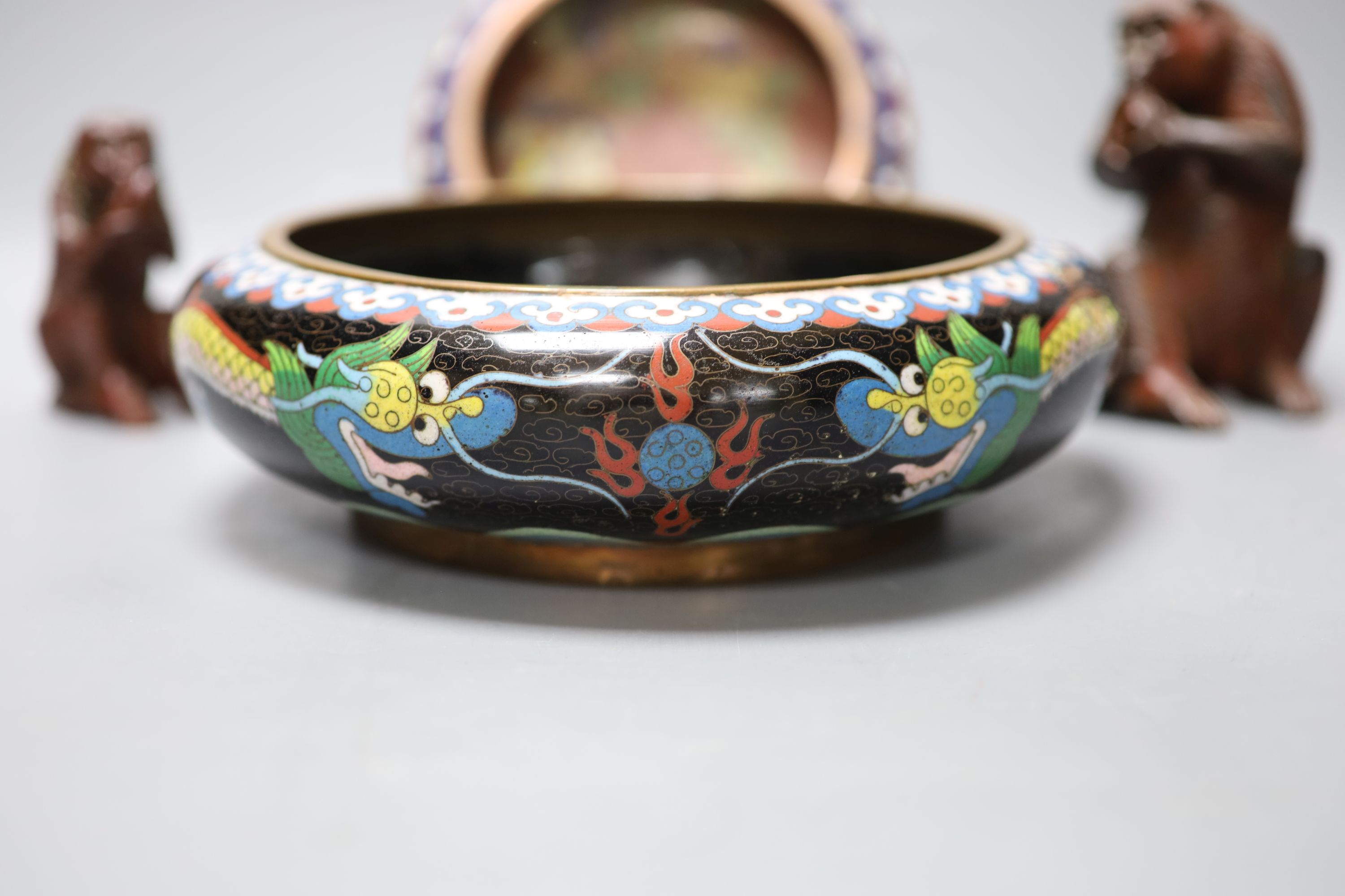 Two Chinese cloisonne enamel censers and two carved wood monkeys, largest diameter 20cm